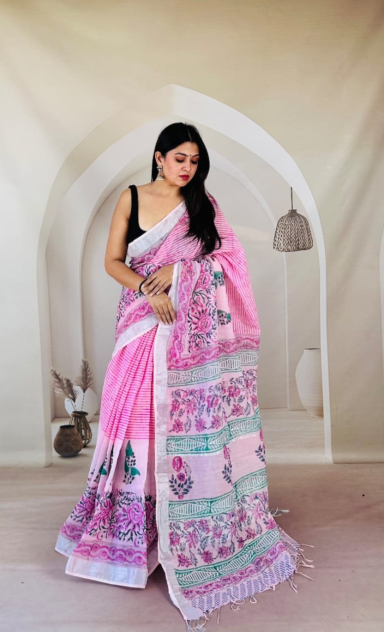 Hand Block Printed Linen Saree with Blouse
